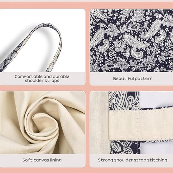 Canvas Tote Bag Dark Blue Retro Flower Dual Handled Reusable Women's Cloth NEW - Picture 4 of 9